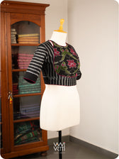 Black Lotus Parrot Parallel Deep Curved Yoke Cotton Ikat Blouse