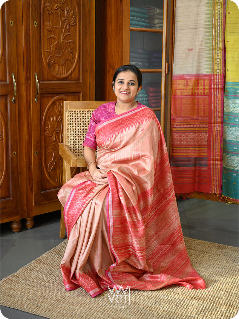 Peach Red Nabh Handspun Tussar Silk Saree
