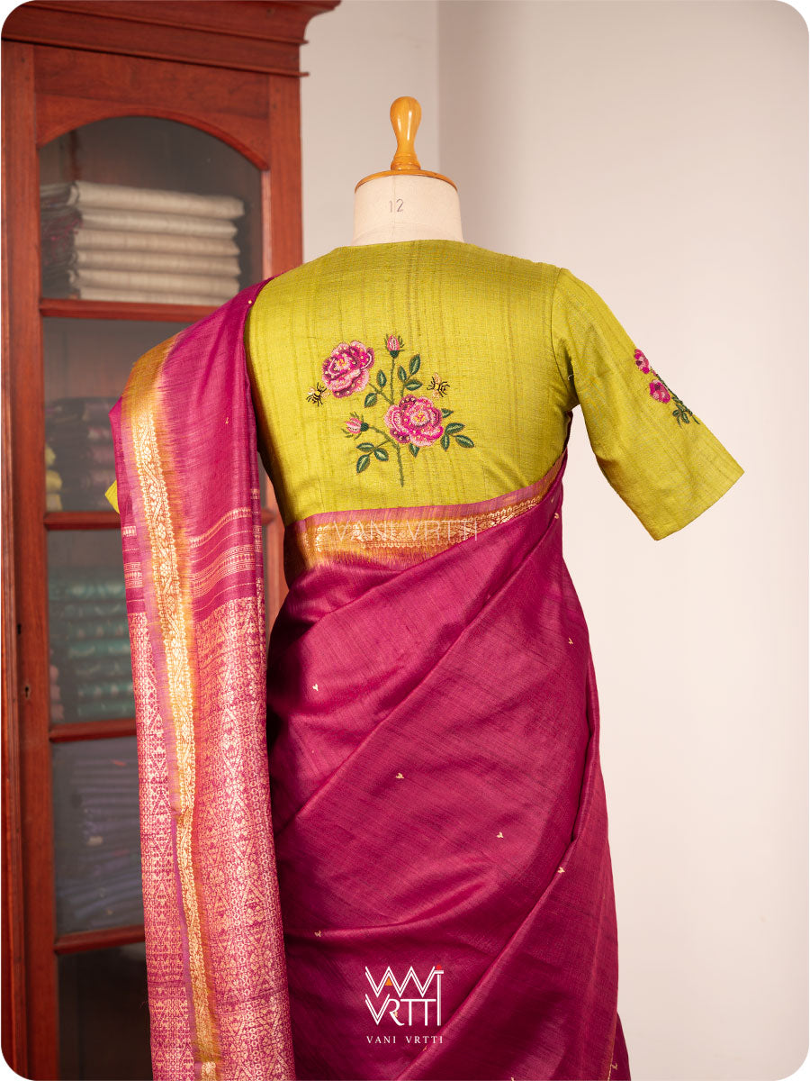 Banana Leaf Green Rose Flower And Bees Embroidery Tussar Silk Blouse