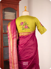Banana Leaf Green Rose Flower And Bees Embroidery Tussar Silk Blouse