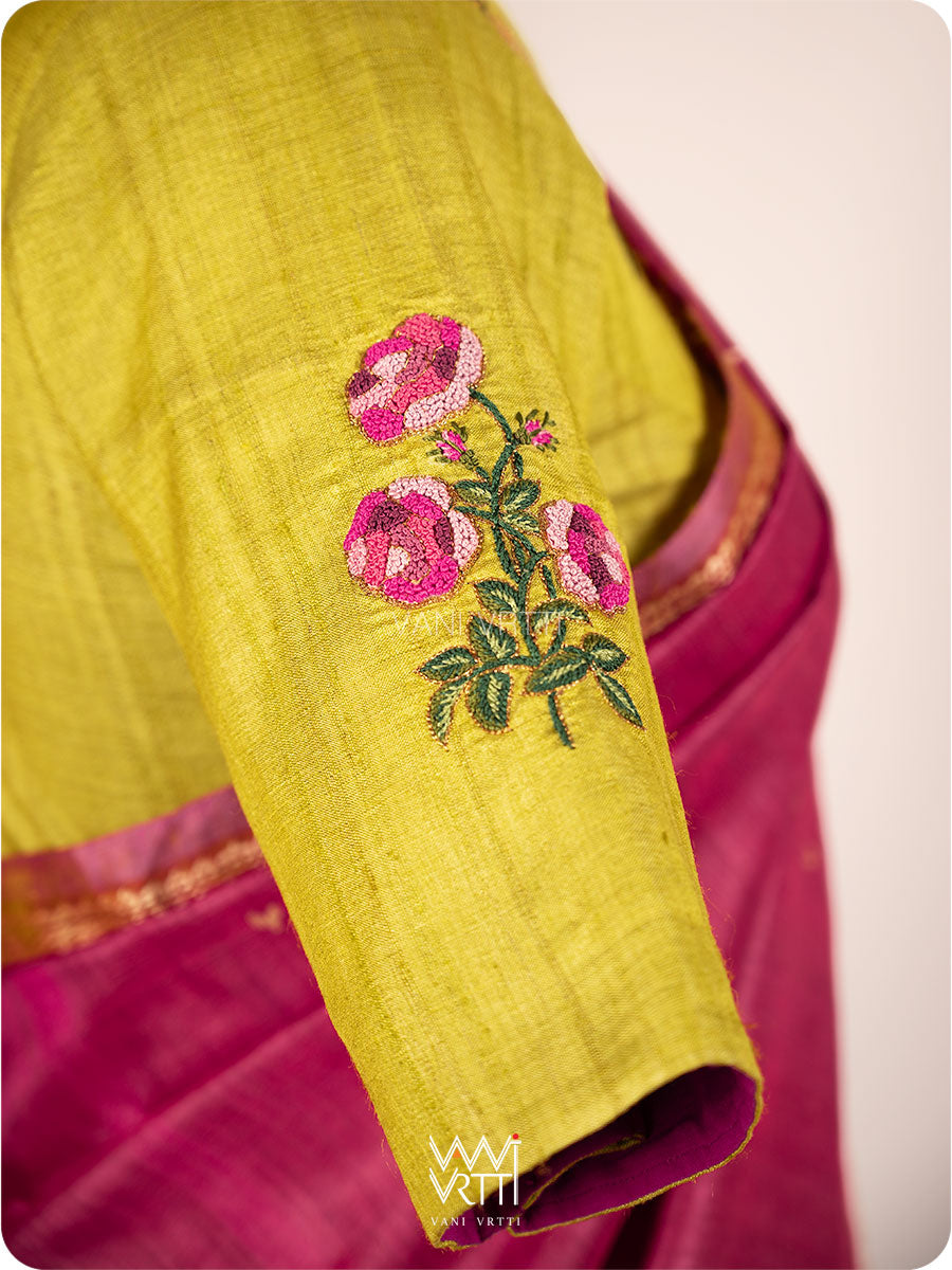 Banana Leaf Green Rose Flower And Bees Embroidery Tussar Silk Blouse