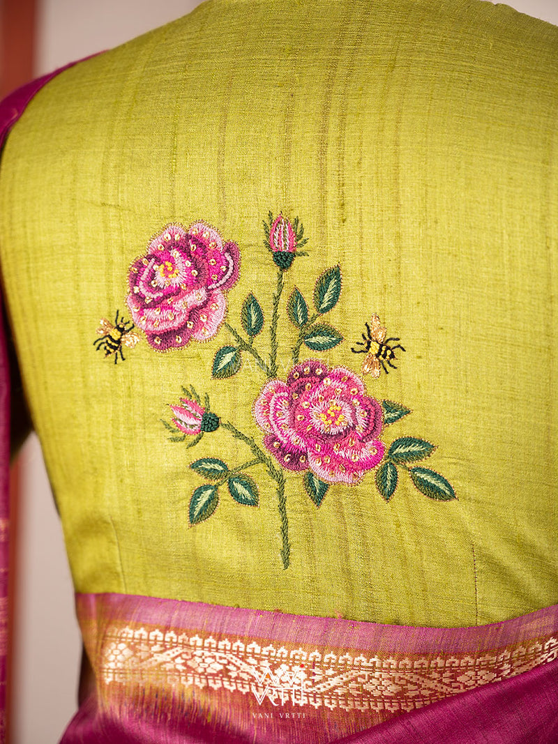 Banana Leaf Green Rose Flower And Bees Embroidery Tussar Silk Blouse
