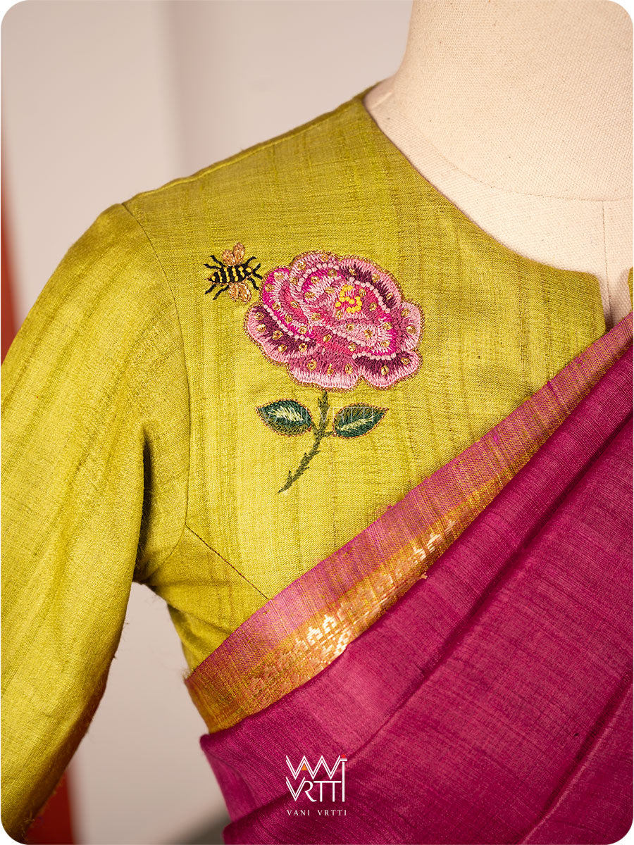 Banana Leaf Green Rose Flower And Bees Embroidery Tussar Silk Blouse