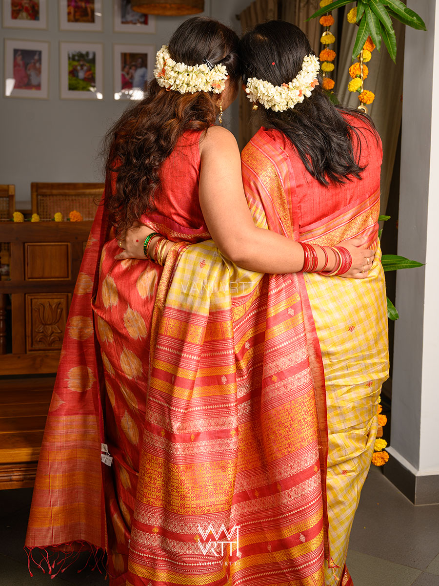 Off White Yellow Checks Kolam Red Exclusive Handspun Tussar Silk Sari