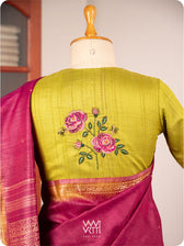 Banana Leaf Green Rose Flower And Bees Embroidery Tussar Silk Blouse