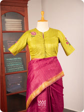 Banana Leaf Green Rose Flower And Bees Embroidery Tussar Silk Blouse
