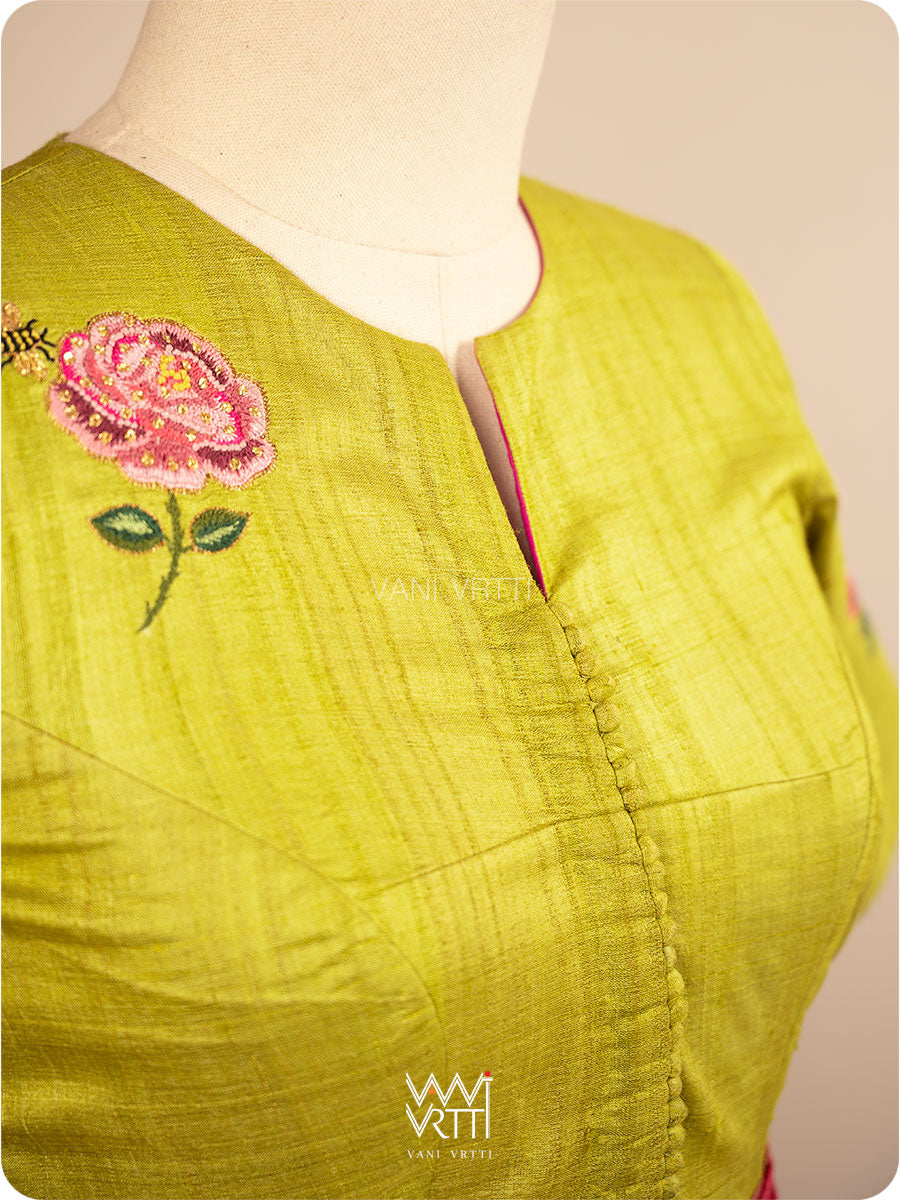 Banana Leaf Green Rose Flower And Bees Embroidery Tussar Silk Blouse