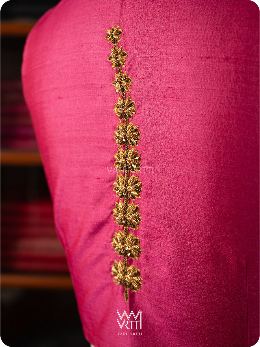 Pink Ashwagandha Flower Plant  Zardozi  Tussar Silk Blouse