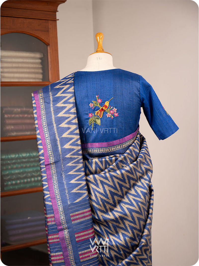 Royal Blue Madhumalati Flower And Humming Bird Hand Embroidery Tussar Silk Blouse