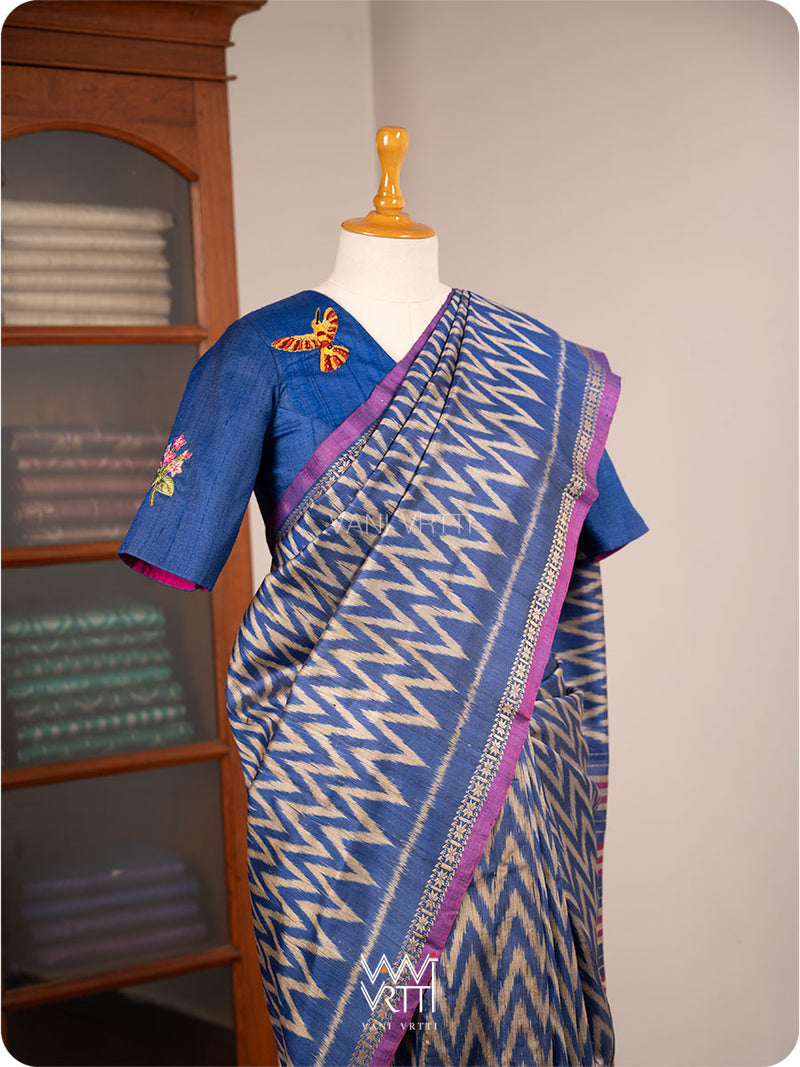 Royal Blue Madhumalati Flower And Humming Bird Hand Embroidery Tussar Silk Blouse