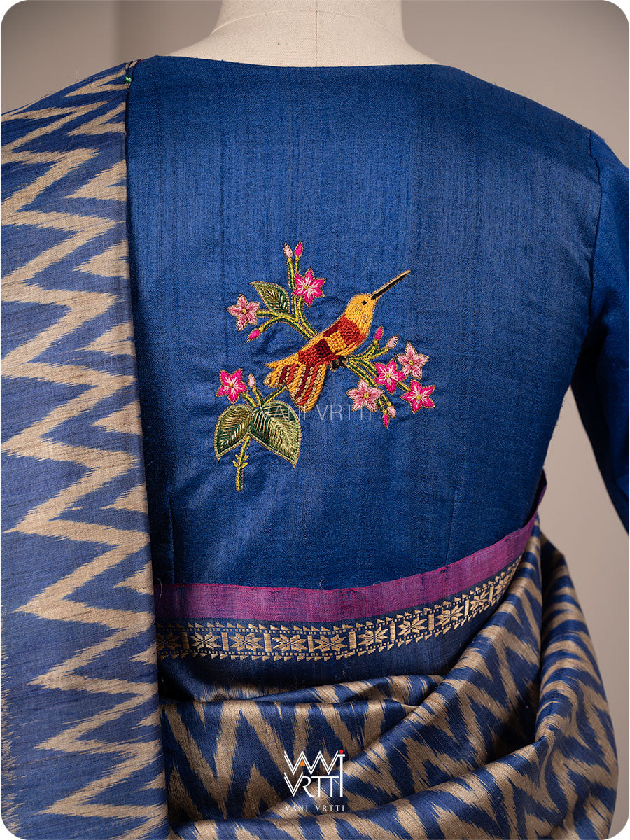 Royal Blue Madhumalati Flower And Humming Bird Hand Embroidery Tussar Silk Blouse