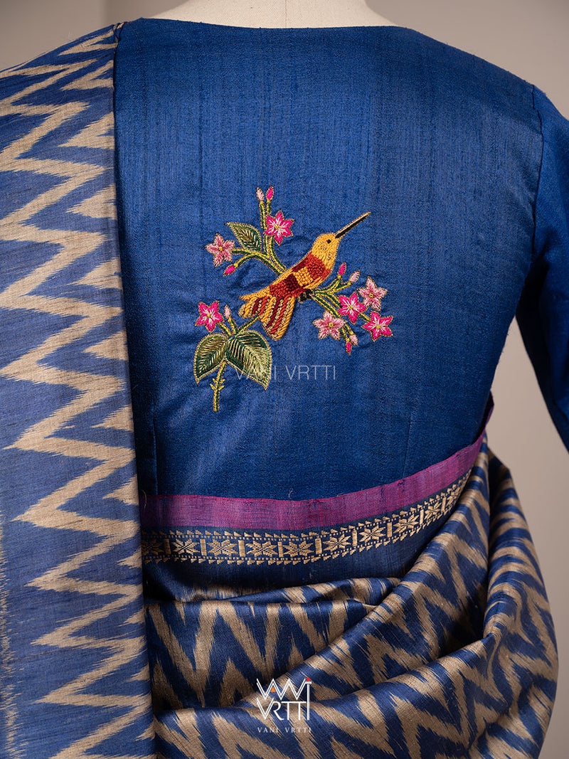 Royal Blue Madhumalati Flower And Humming Bird Hand Embroidery Tussar Silk Blouse