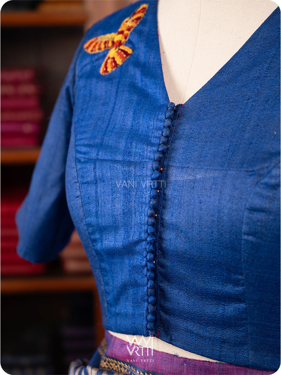 Royal Blue Madhumalati Flower And Humming Bird Hand Embroidery Tussar Silk Blouse