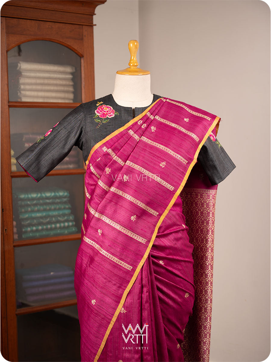 Black Rose Flower And Bees Embroidery Tussar Silk Blouse