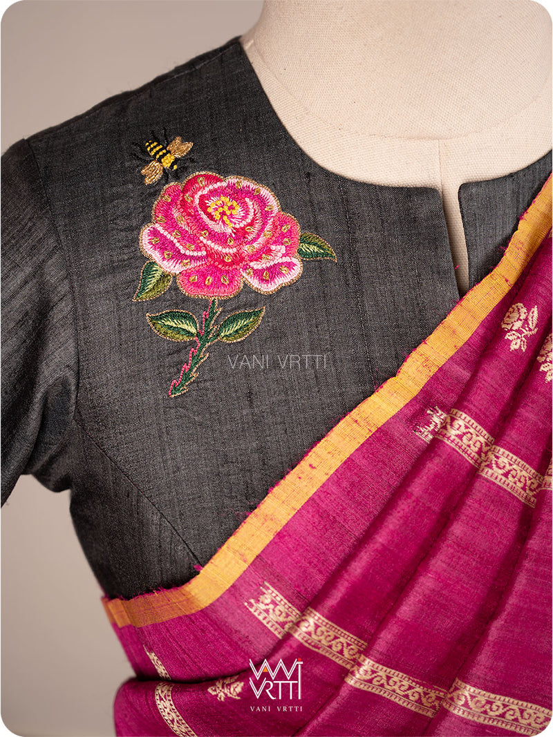 Black Rose Flower And Bees Embroidery Tussar Silk Blouse