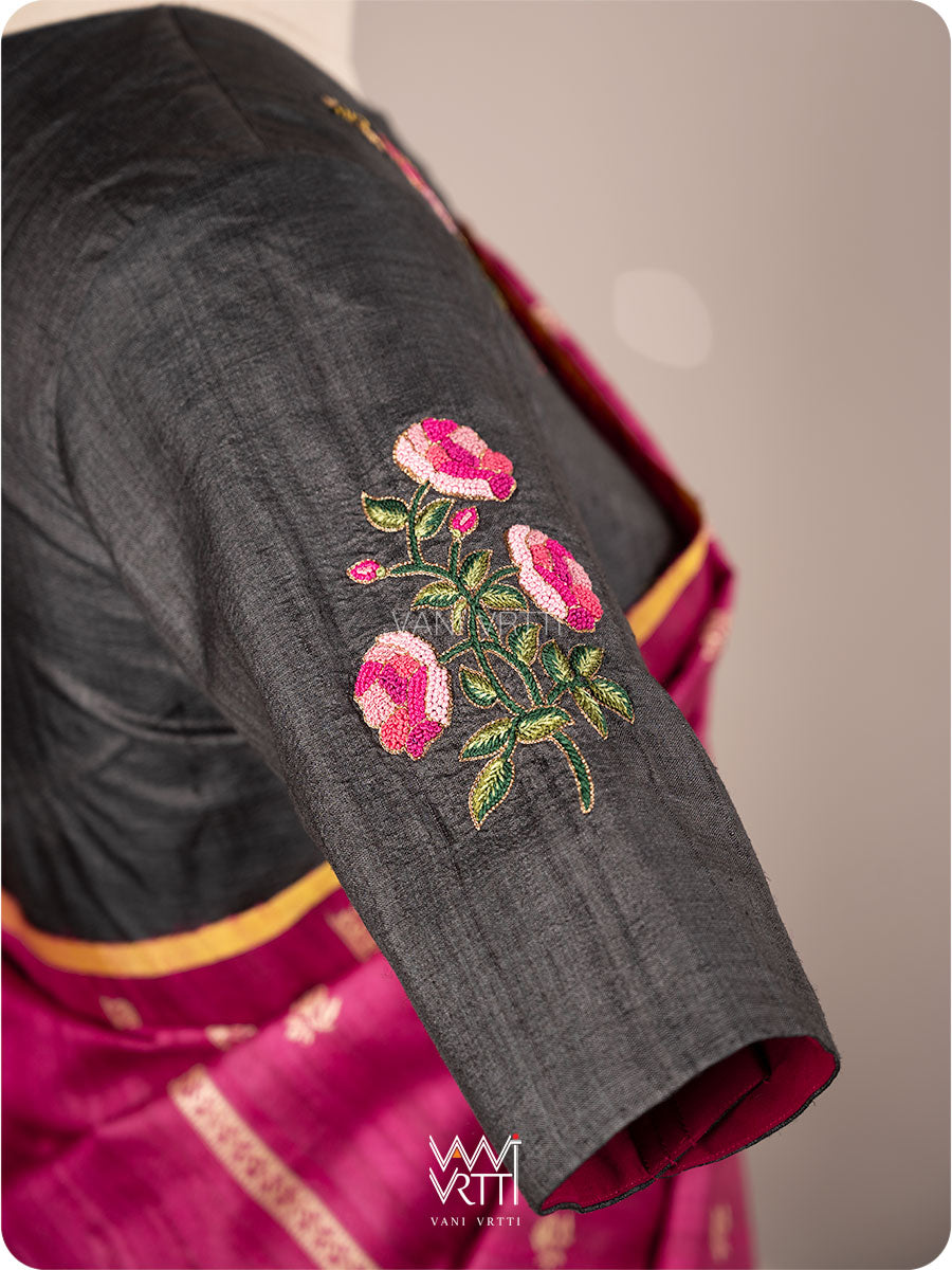 Black Rose Flower And Bees Embroidery Tussar Silk Blouse