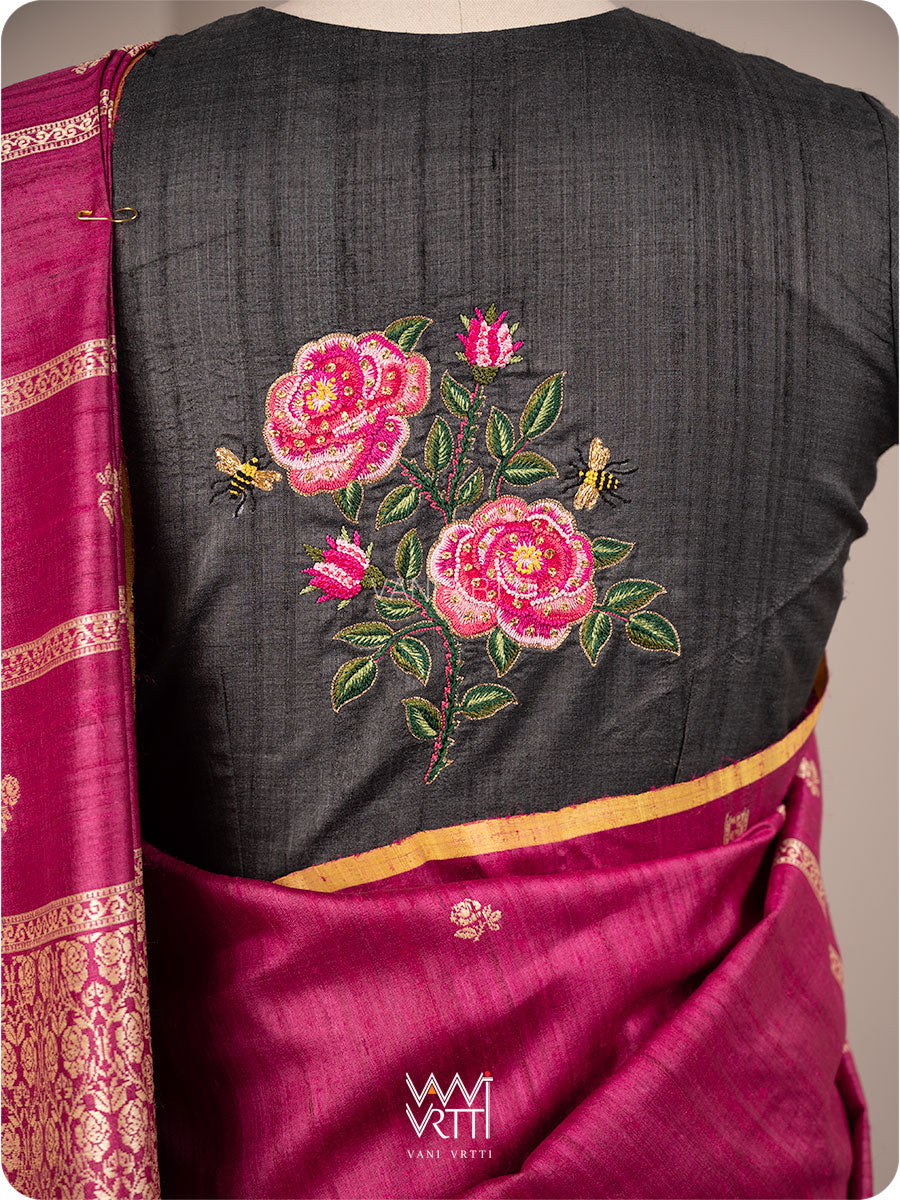 Black Rose Flower And Bees Embroidery Tussar Silk Blouse