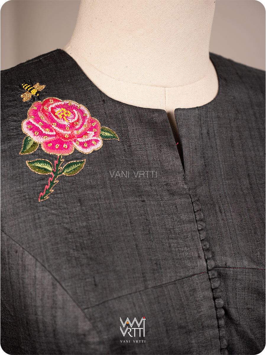 Black Rose Flower And Bees Embroidery Tussar Silk Blouse