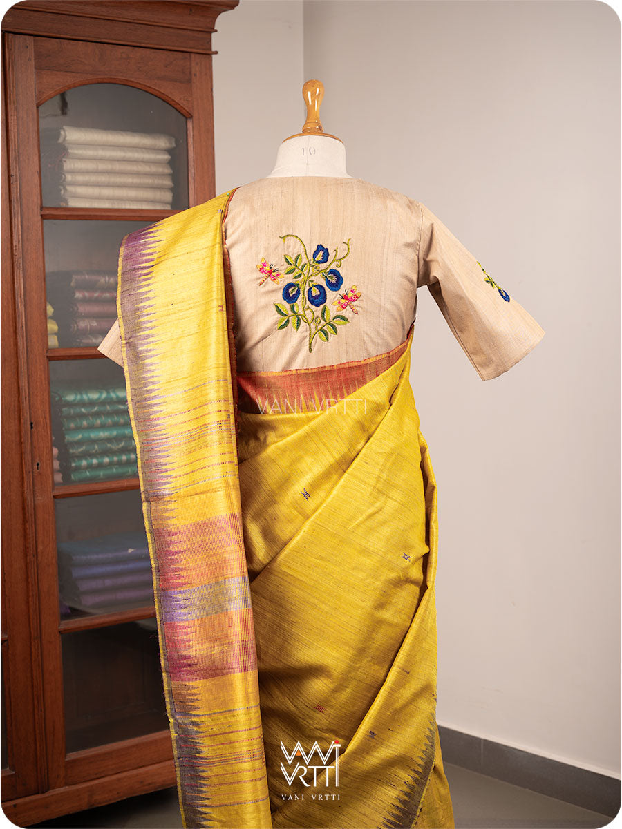 Natural Tussar Bluepea Flower and Dragonfly Hand Embroidery Tussar Silk Blouse