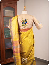 Natural Tussar Bluepea Flower and Dragonfly Hand Embroidery Tussar Silk Blouse