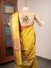 Natural Tussar Bluepea Flower and Dragonfly Hand Embroidery Tussar Silk Blouse
