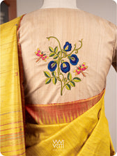 Natural Tussar Bluepea Flower and Dragonfly Hand Embroidery Tussar Silk Blouse