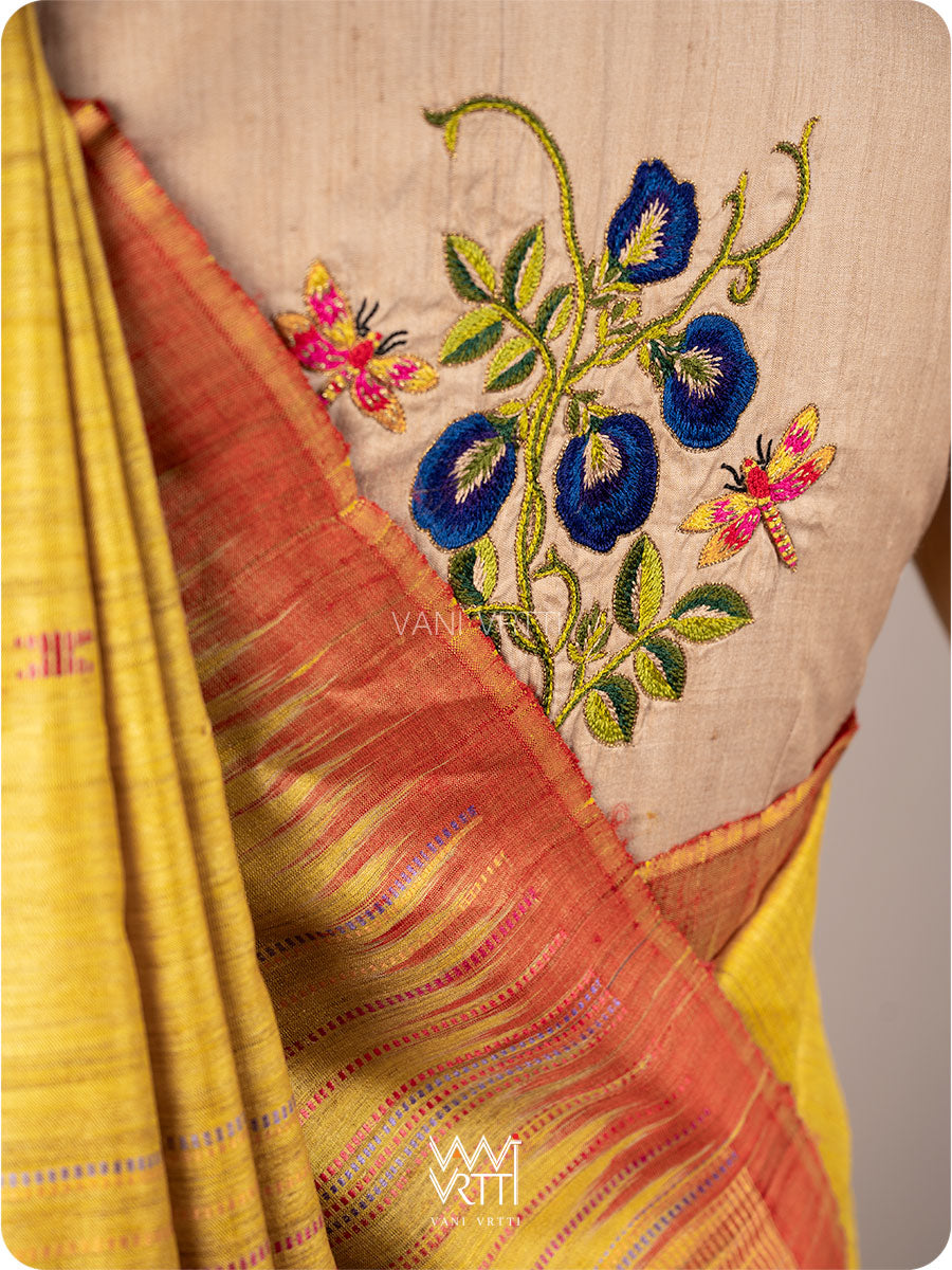 Natural Tussar Bluepea Flower and Dragonfly Hand Embroidery Tussar Silk Blouse