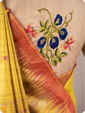 Natural Tussar Bluepea Flower and Dragonfly Hand Embroidery Tussar Silk Blouse