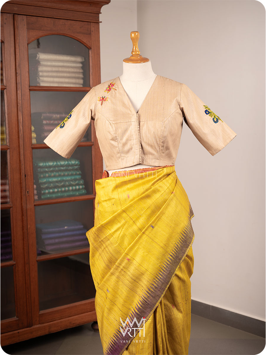 Natural Tussar Bluepea Flower and Dragonfly Hand Embroidery Tussar Silk Blouse