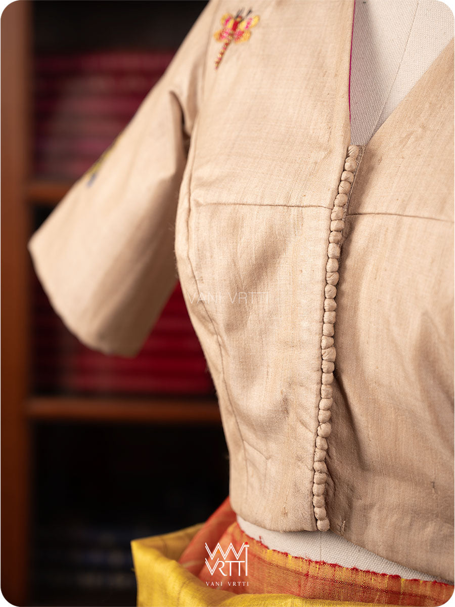 Natural Tussar Bluepea Flower and Dragonfly Hand Embroidery Tussar Silk Blouse