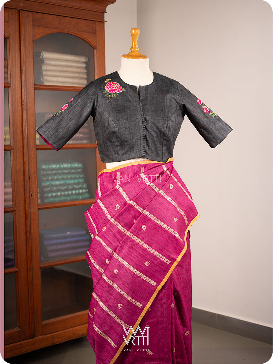 Black Rose Flower And Bees Embroidery Tussar Silk Blouse