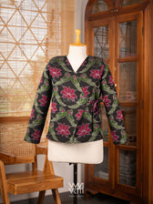 Black Lotus Parrot  Reversible Zig Zag Ikat Overlap Waist Length Jacket