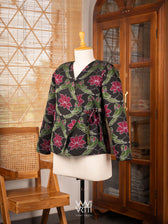 Black Lotus Parrot  Reversible Zig Zag Ikat Overlap Waist Length Jacket