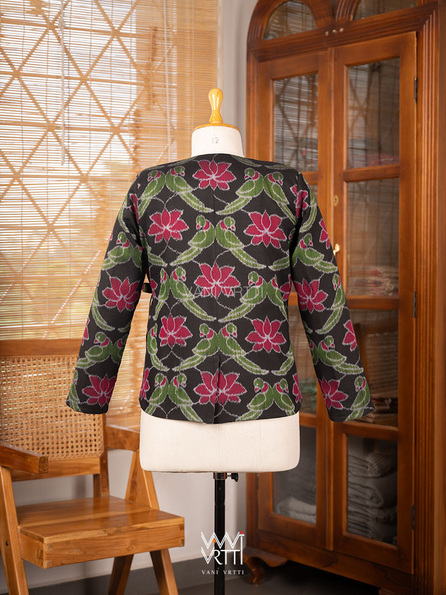 Black Lotus Parrot  Reversible Zig Zag Ikat Overlap Waist Length Jacket