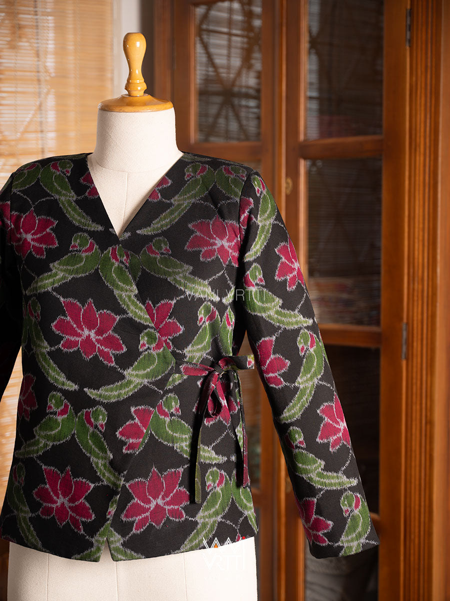 Black Lotus Parrot  Reversible Zig Zag Ikat Overlap Waist Length Jacket