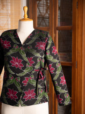 Black Lotus Parrot  Reversible Zig Zag Ikat Overlap Waist Length Jacket