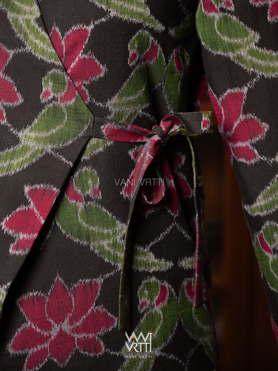 Black Lotus Parrot  Reversible Zig Zag Ikat Overlap Waist Length Jacket