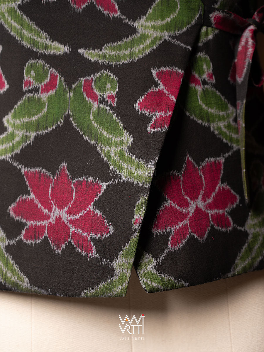 Black Lotus Parrot  Reversible Zig Zag Ikat Overlap Waist Length Jacket