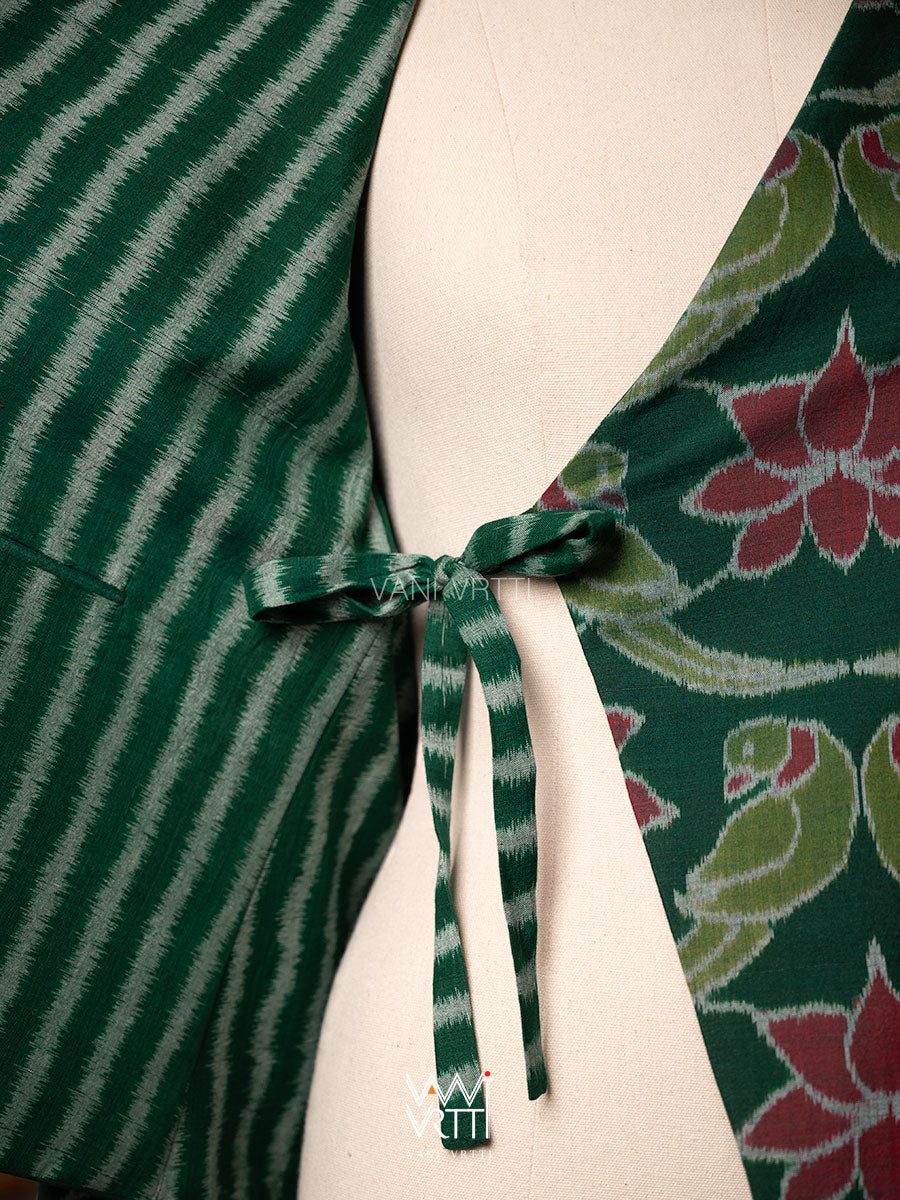 Bottle Green Lotus Parrot Reversible Parallel Ikat Overlap Waist Length Jacket