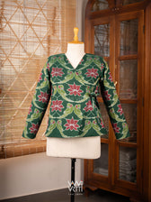 Bottle Green Lotus Parrot Reversible Parallel Ikat Overlap Waist Length Jacket