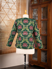 Bottle Green Lotus Parrot Reversible Parallel Ikat Overlap Waist Length Jacket