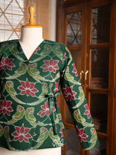 Bottle Green Lotus Parrot Reversible Parallel Ikat Overlap Waist Length Jacket