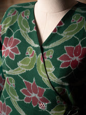 Bottle Green Lotus Parrot Reversible Parallel Ikat Overlap Waist Length Jacket