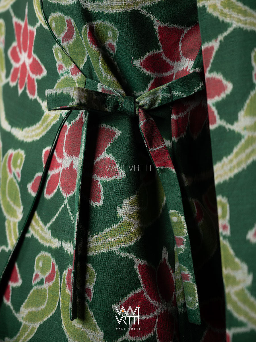 Bottle Green Lotus Parrot Reversible Parallel Ikat Overlap Waist Length Jacket