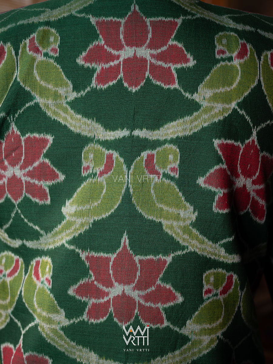 Bottle Green Lotus Parrot Reversible Parallel Ikat Overlap Waist Length Jacket