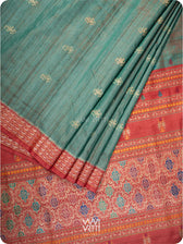 Bottle Green Red Nightingale Master Weave Exclusive Handspun Tussar Silk Saree