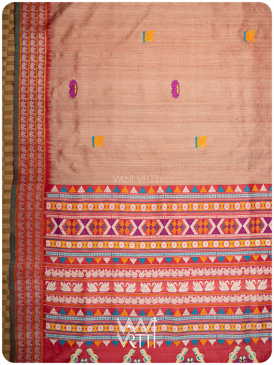 Peach Red Veena Pani Lata Master Weave Exclusive Handspun Tussar Silk Saree