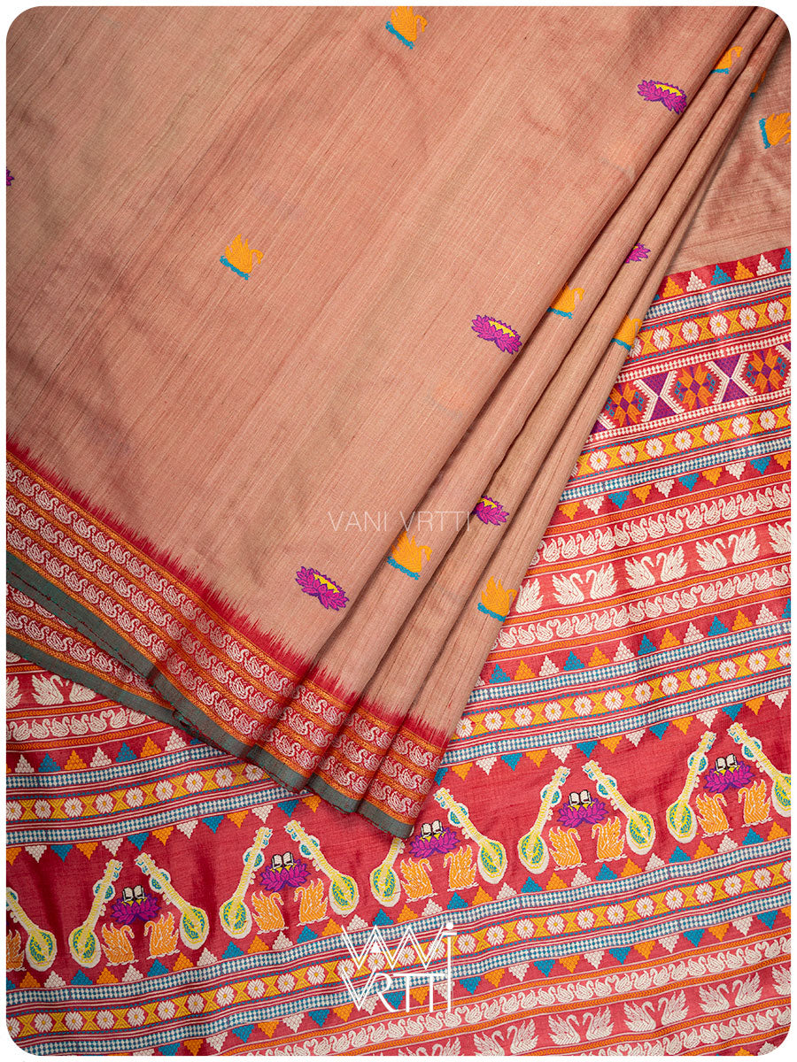 Peach Red Veena Pani Lata Master Weave Exclusive Handspun Tussar Silk Saree