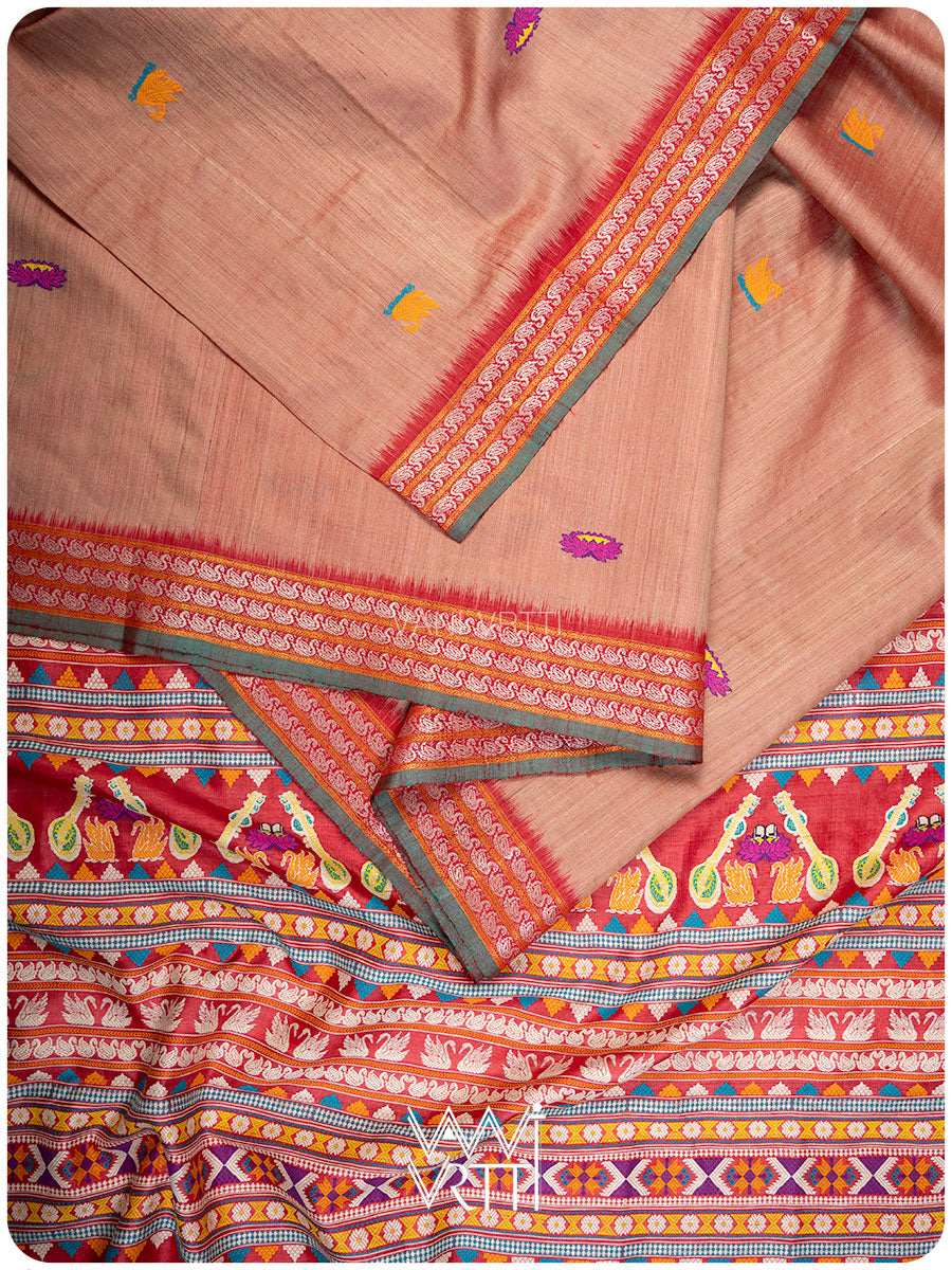 Peach Red Veena Pani Lata Master Weave Exclusive Handspun Tussar Silk Saree