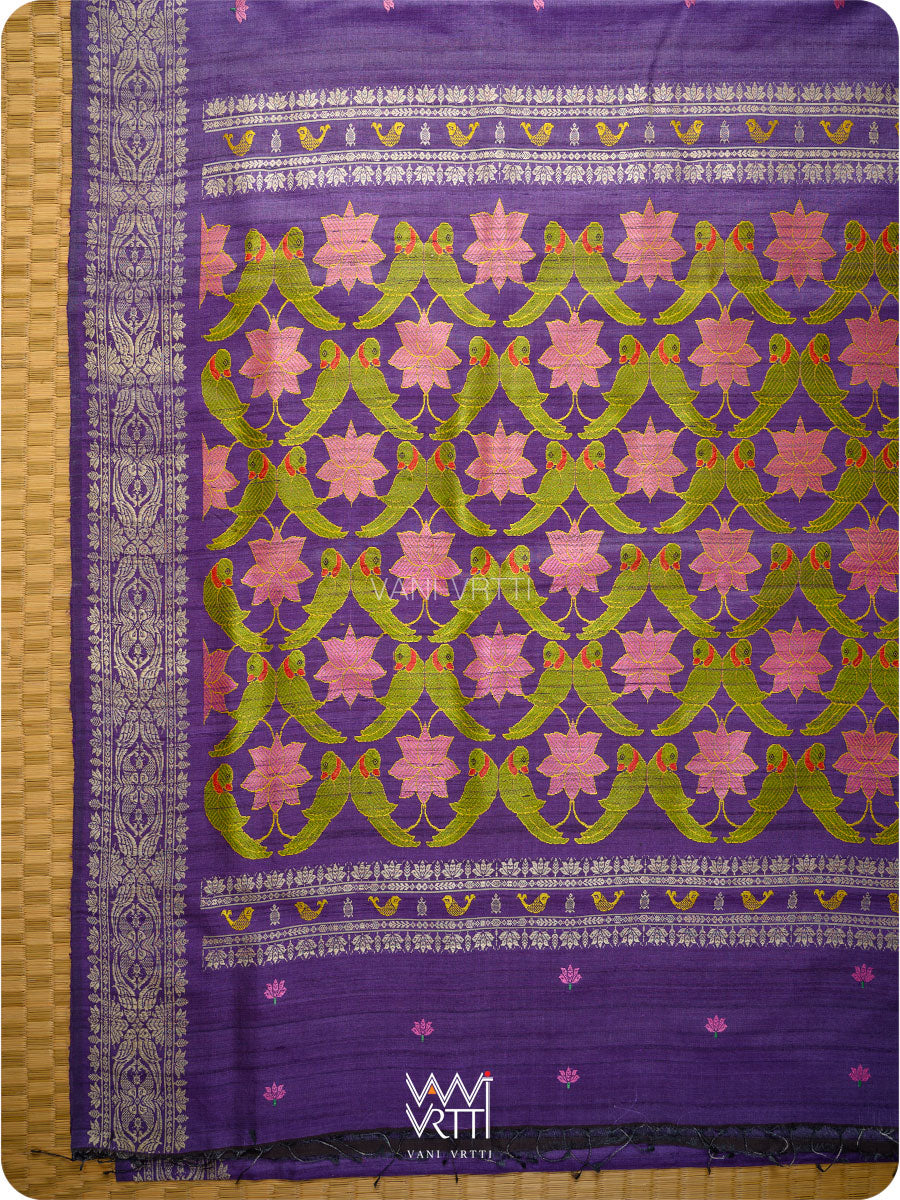 Deep Purple Lotus Parrot Jaal Designer Exclusive Handspun Handwoven Tussar Silk Saree